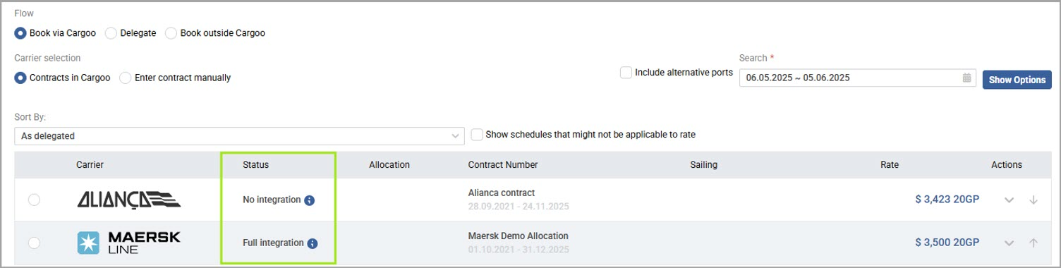 Carrier Status - Contracts in Cargoo